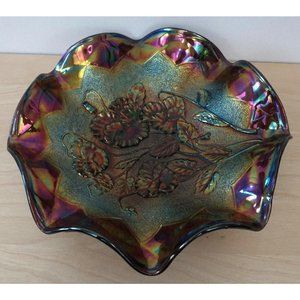 Imperial Carnival Glass Pansy Ruffled Bowl 9 Inches Wide